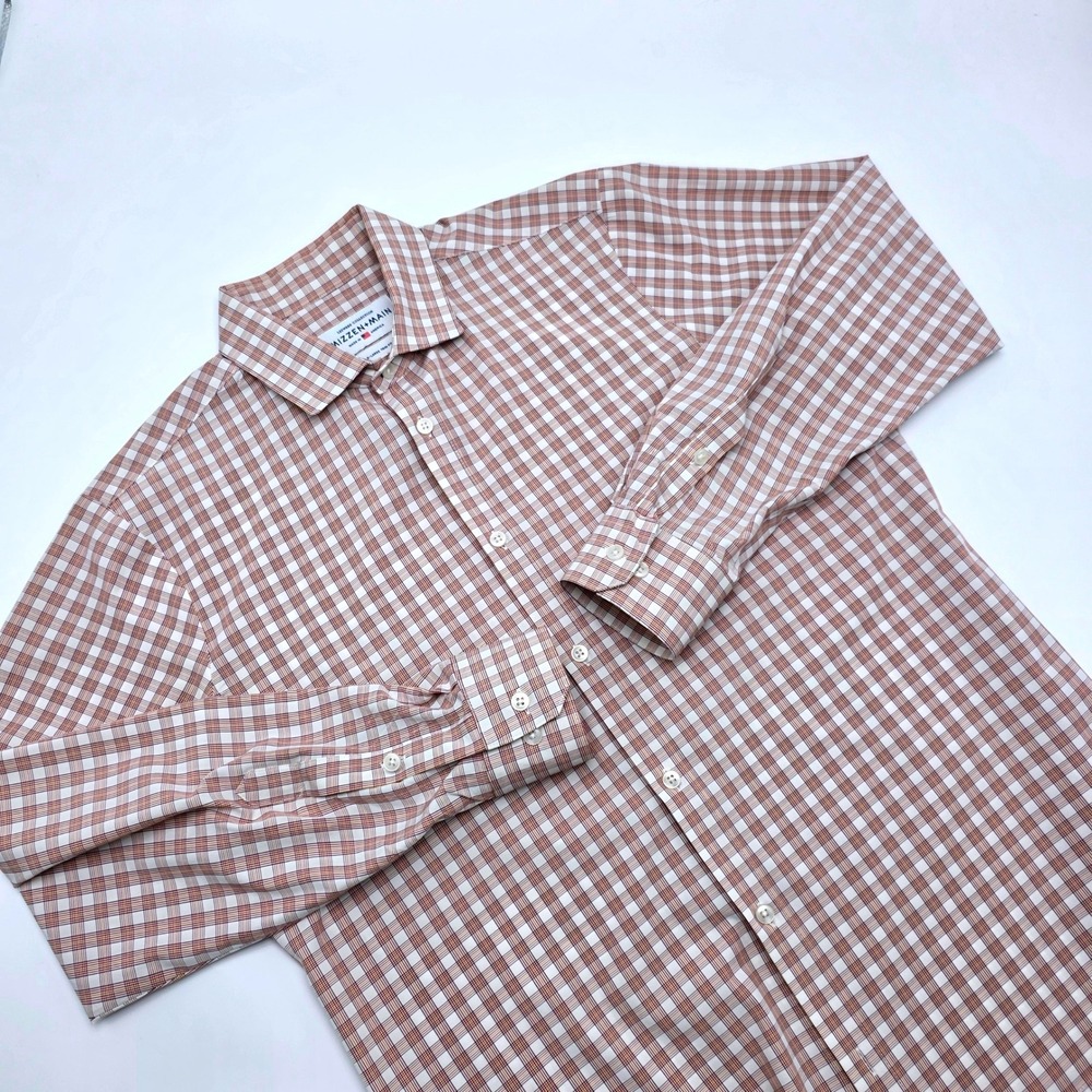 Mizzen+Main Leeward Performance Dress Shirt Mens XL Trim Fit Red Tan Check